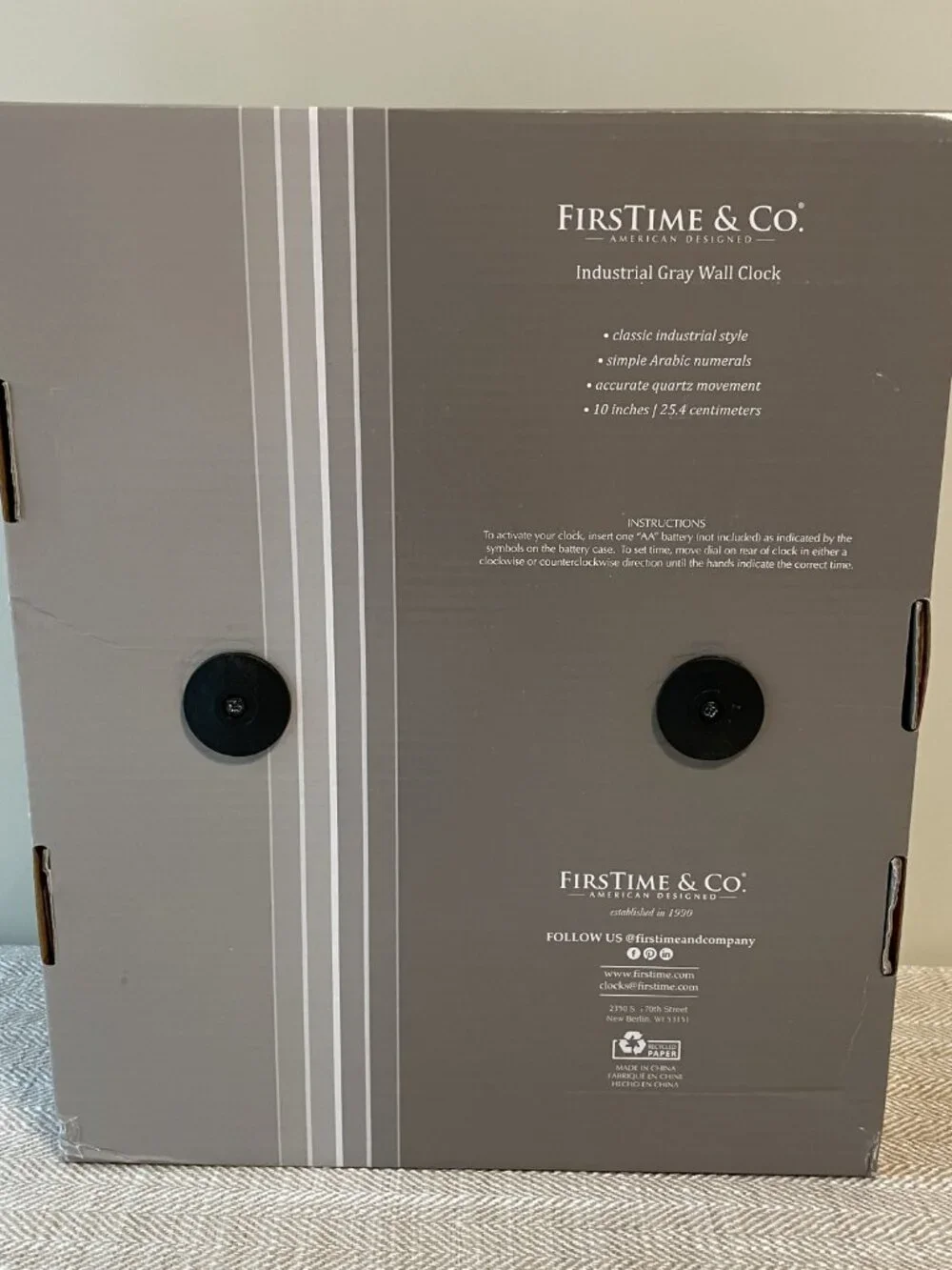 NEW FirstTime & Co. 10-in Industrial Gray Quartz Wall Clock #40233, time decor
